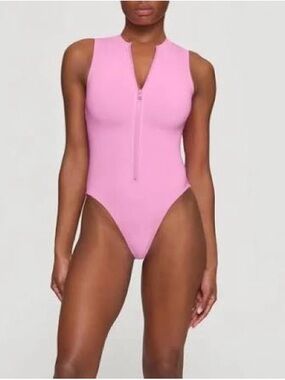 Skims Women's Pink Zip-Front One-Piece Swimsuit Light Pink size Large